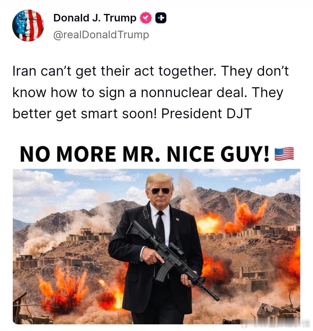 特朗普发AI图片警告伊朗：我不再是好好先生了！2026年04月29日 美伊和谈陷