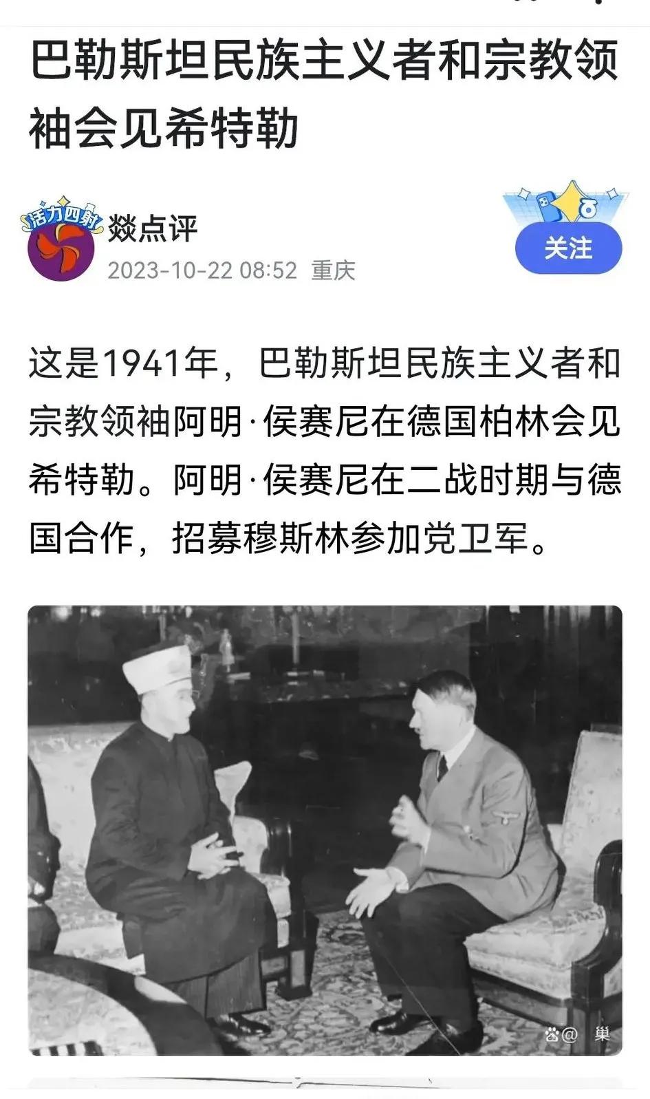 下图是巴地区绿教头子阿明求见希特勒，目的是双方合作消灭巴地区you tai人……