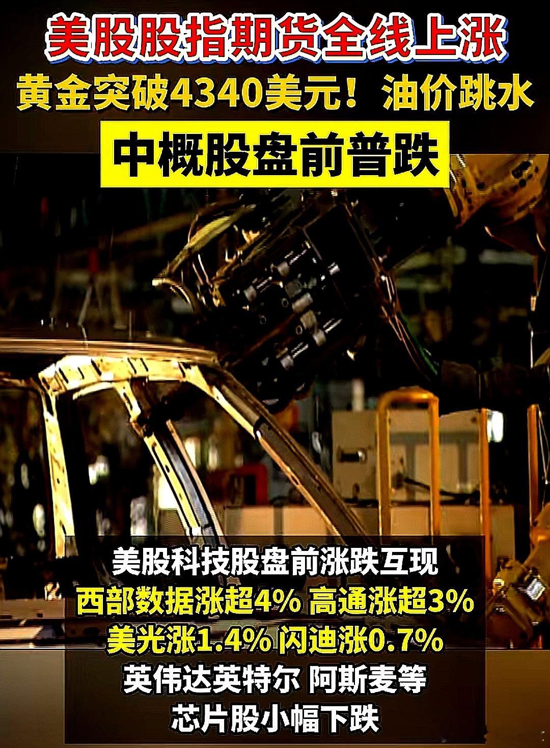 美股股指期货全线上涨，黄金突破4340美元， 油价跳水，中概股盘前普跌 
