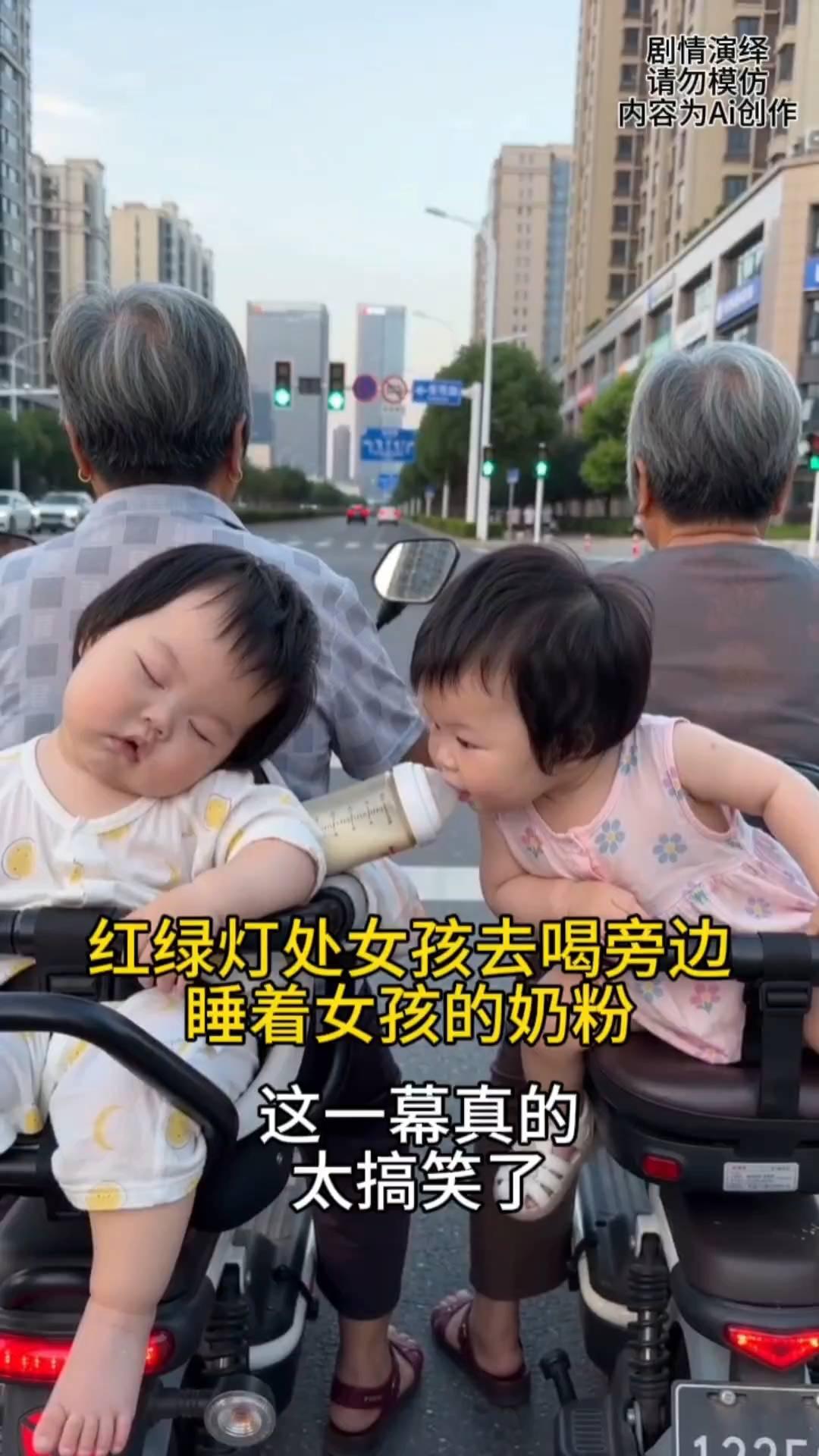 红绿灯处女孩去喝旁边睡着女孩的奶粉，这一幕真的太搞笑了。
红绿灯处两位奶奶在等红