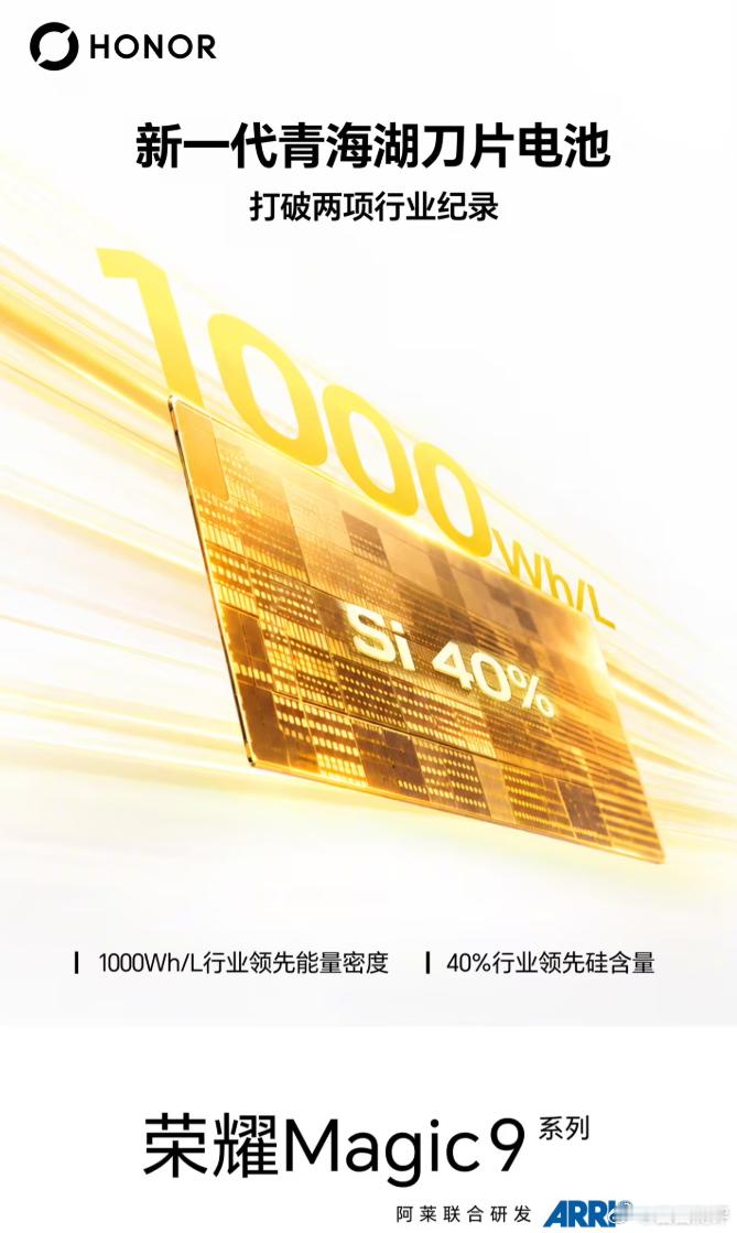 9月14日，荣耀官宣新一代青海湖刀片电池实现重大突破，以1000Wh/L能量密度