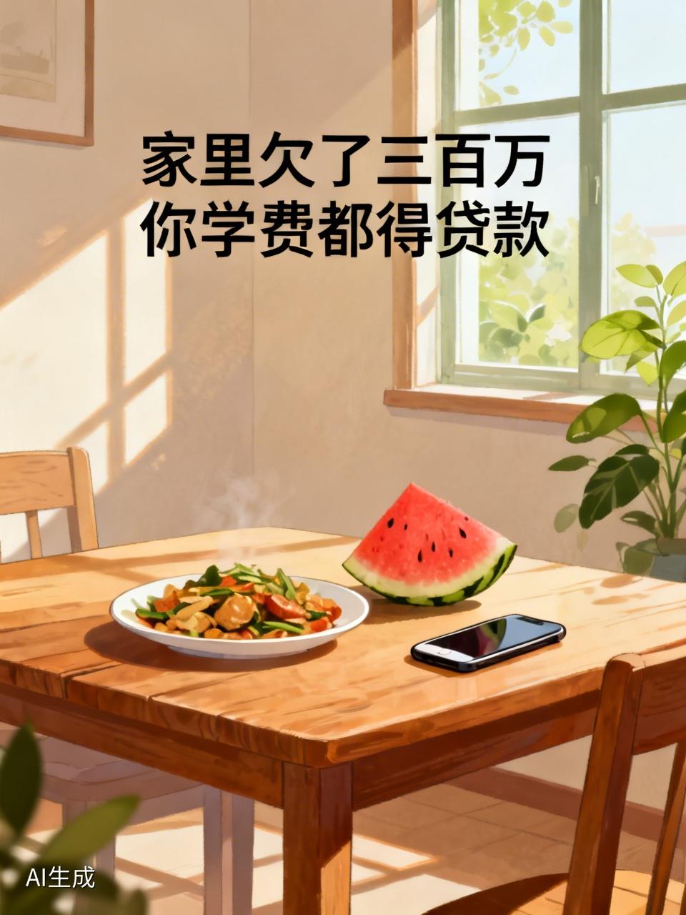 “家里欠了三百万”我爸说这话时，正啃西瓜。
高考完第六天，我问他电脑啥时候买。