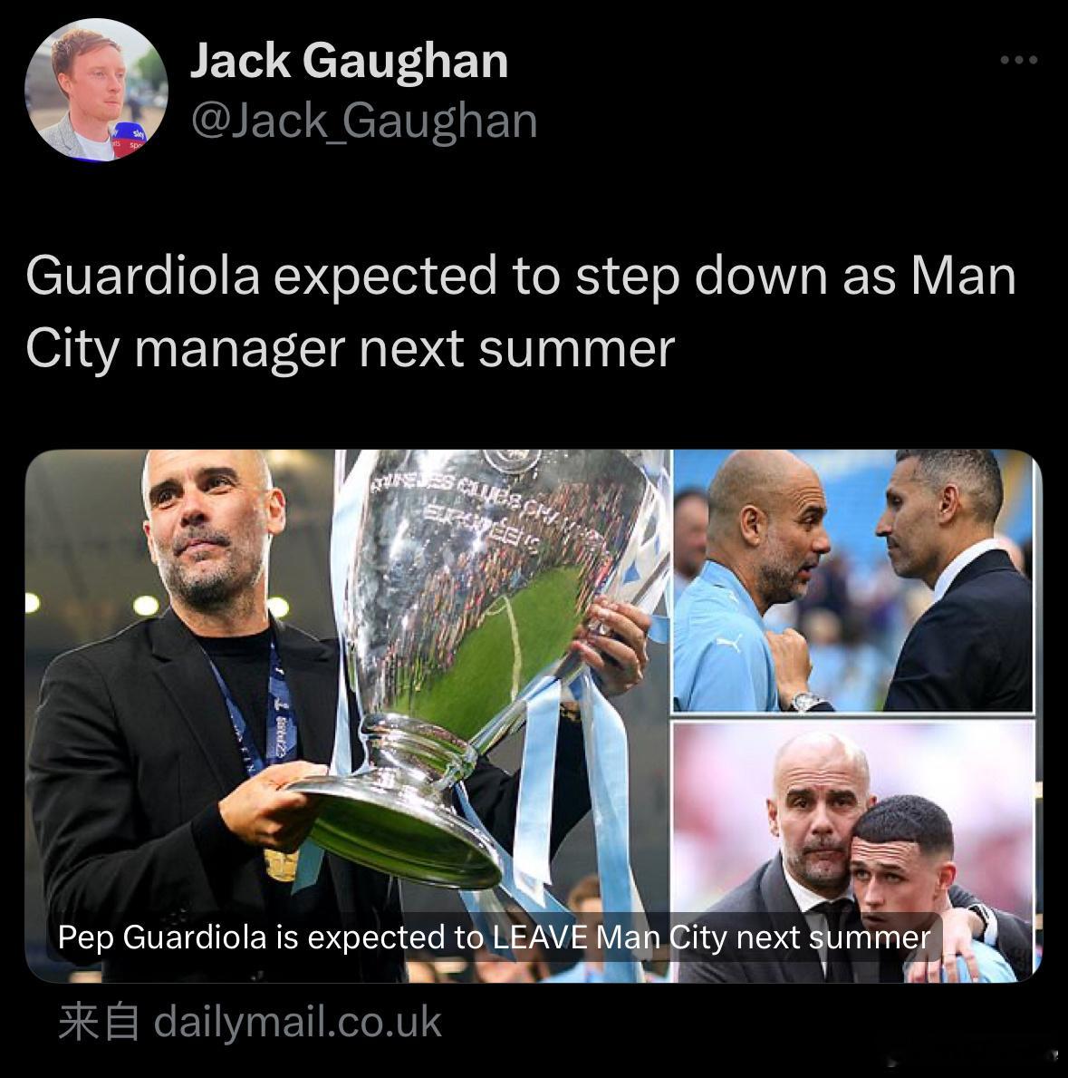 邮报曼城系记者Gaughan：瓜迪奥拉预计将在明年夏天合同到期后离开曼城。曼城在