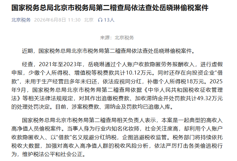 【知名化妆师#岳晓琳偷税被查# 】#岳晓琳偷税被罚超49万#  据“北京税务”微