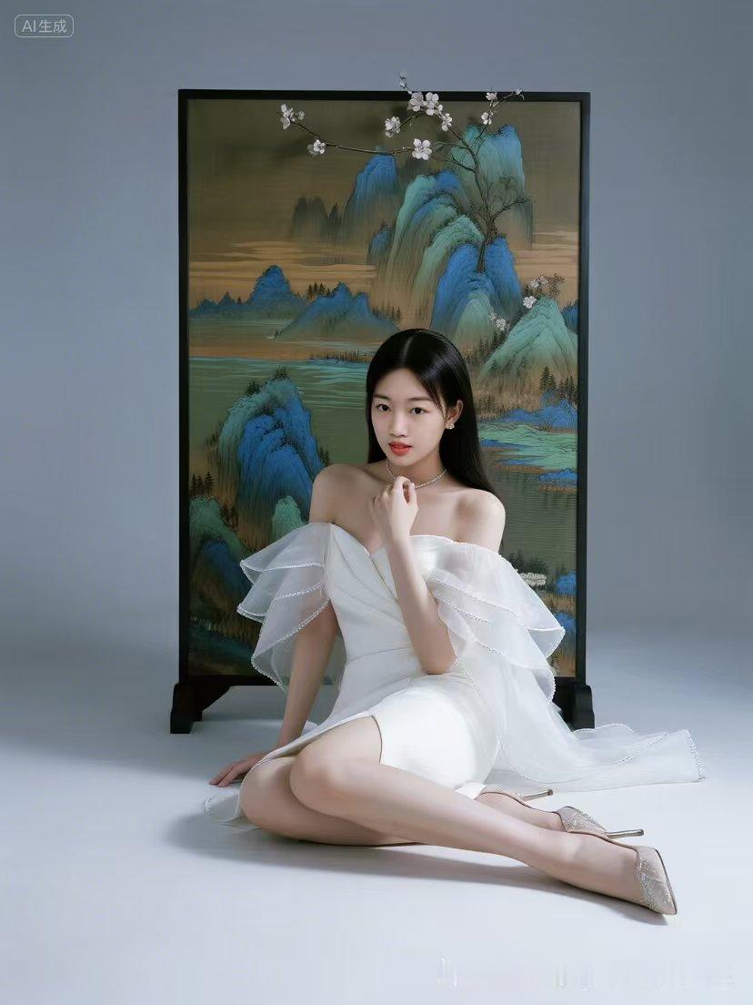白裙如雪，山河为幕，她静坐成画，温柔里藏着东方的诗意与优雅。