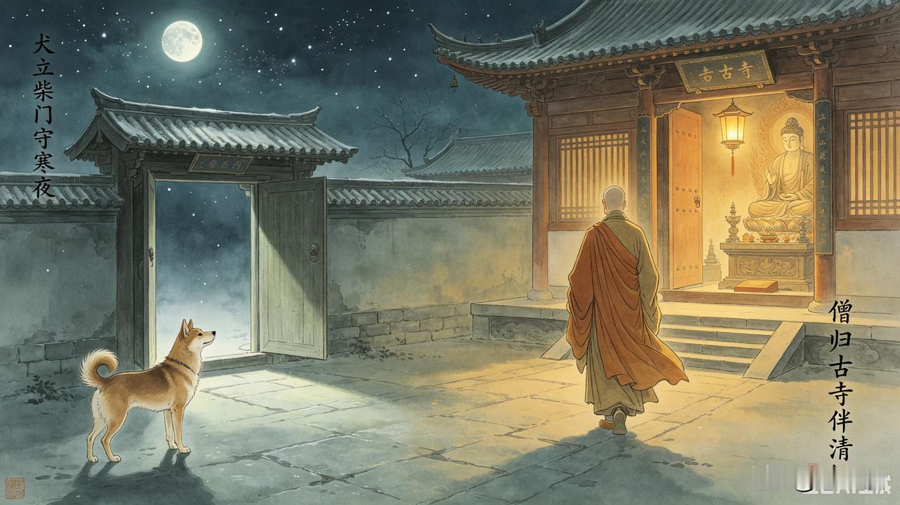 上联：犬立柴门守寒夜
下联：僧归古寺伴清灯