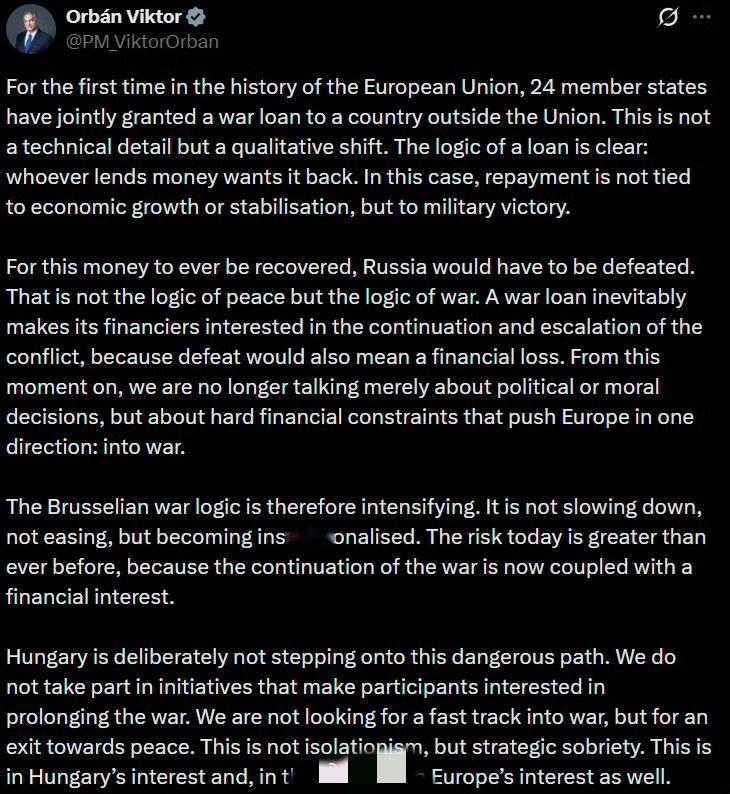 笑死！匈牙利总理说冯德莱恩联合乌克兰搞诈骗，因为打赢战争再还钱那不就等于不用还