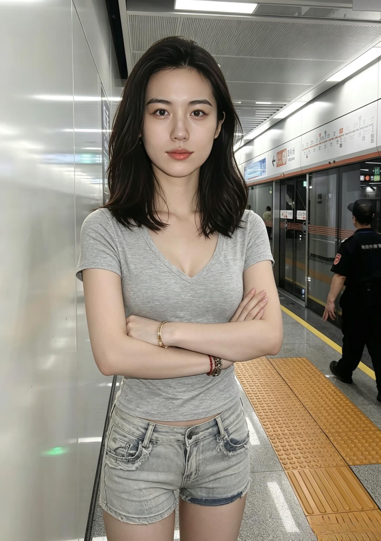 城市地铁的光影里
简单灰T与牛仔
利落又松弛
你从容抱臂
没有刻意的装点
干净、