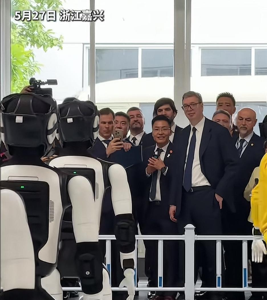 5月27日，塞尔维亚总统武契奇在浙江嘉兴参观未来工厂，观看机器人跳舞、写书法。