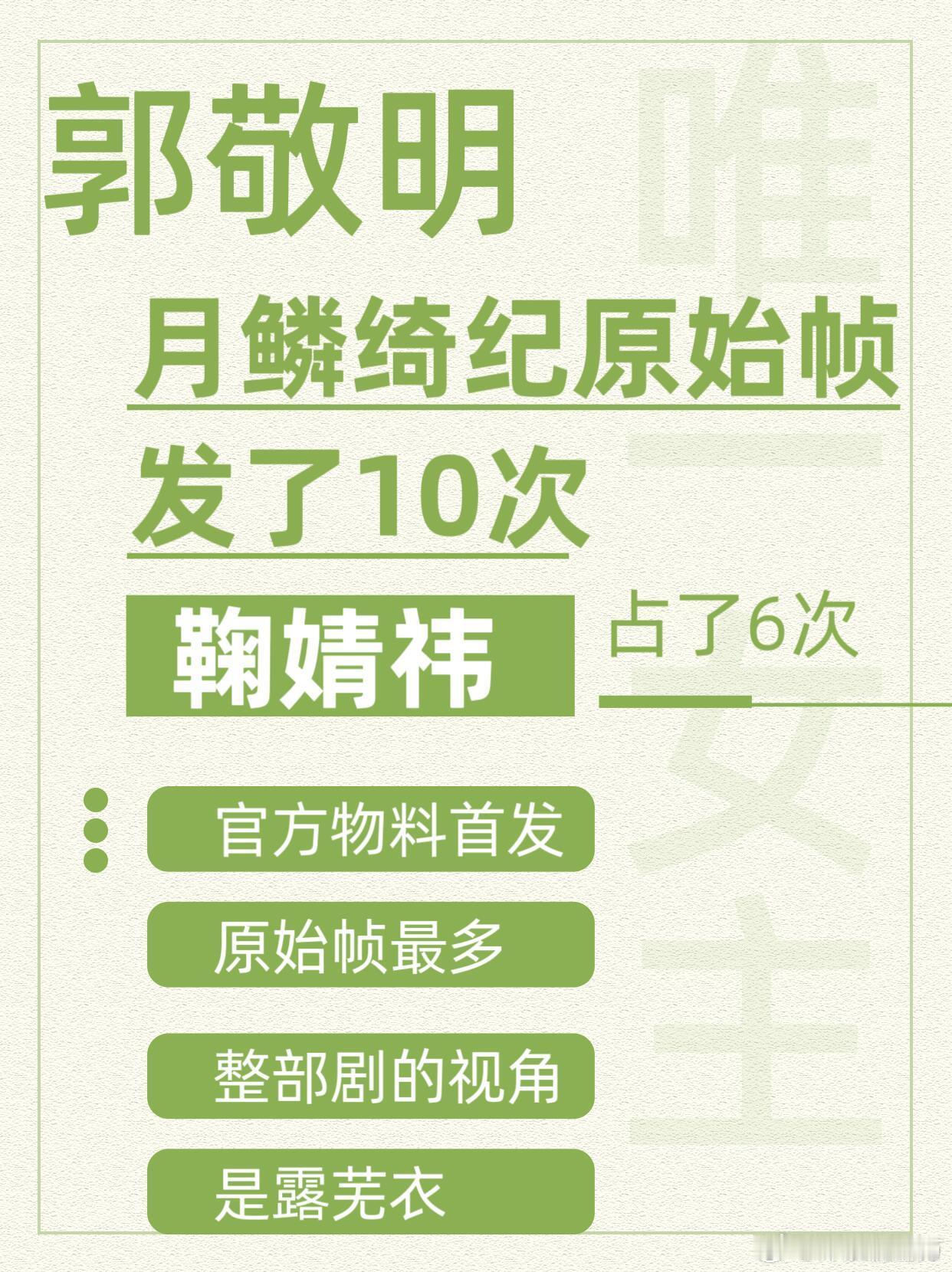 郭敬明发了6次鞠婧祎原始帧 郭敬明发《月鳞绮纪》原始帧一共10次，有6次是鞠婧祎