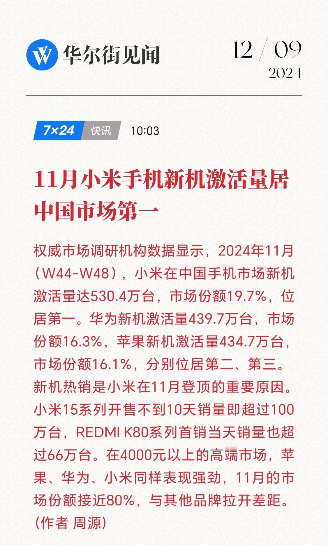 11月小米新机激活量在中国市场登顶，4K+的高端机领域位列第三，有点猛哦……RE