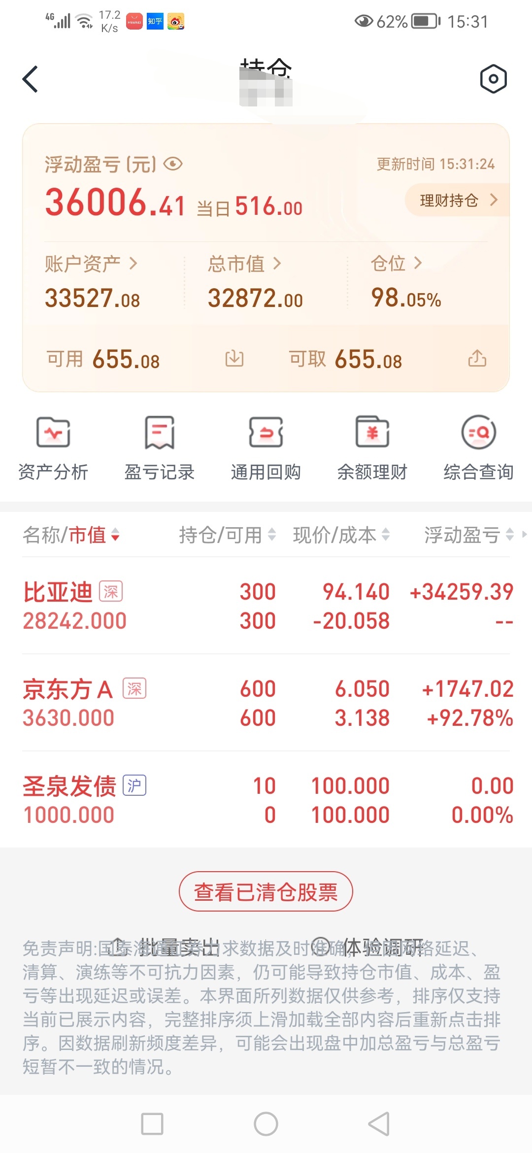 20260716星期四，账户净值853360元，浮盈6063元。京东方A继续大跌
