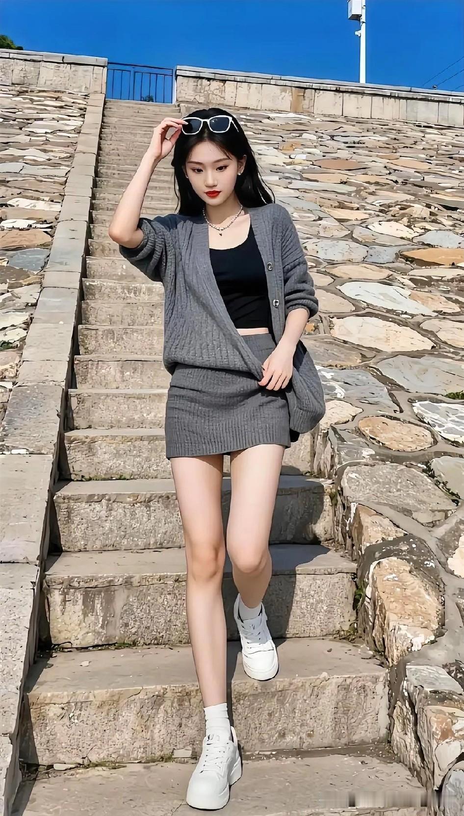 阳光明媚，美女享受户外时光，石阶漫步，低调穿搭，格外亮眼[比心][比心]
黄昏漫