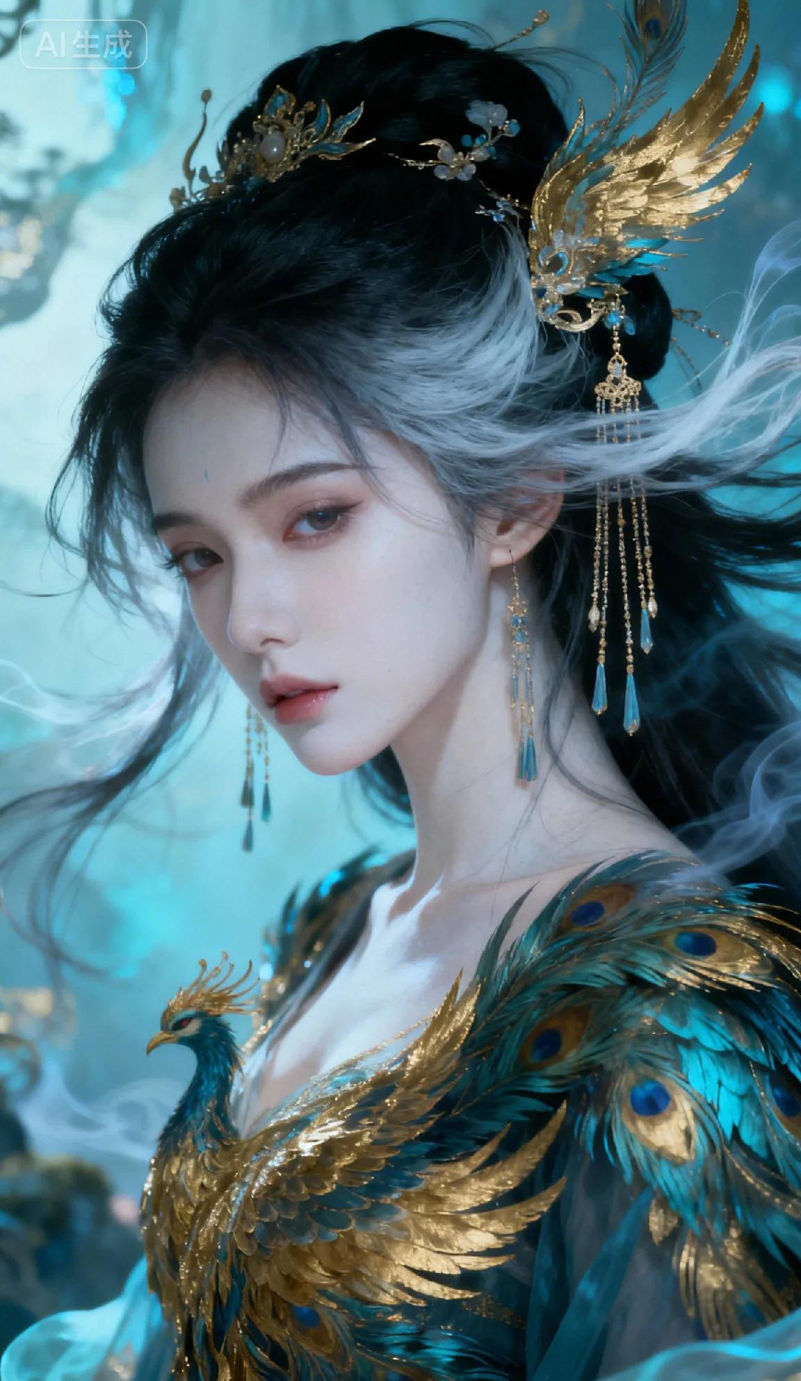 她鬓间金羽流穗轻晃，墨发掺着烟色绺丝，额间一点银钿衬得眉目清绝。衣袂缀满孔雀翎羽