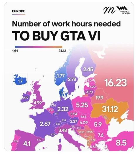 【不同欧洲国家的居民需要工作多少小时才能买到《GTA VI》——The Worl