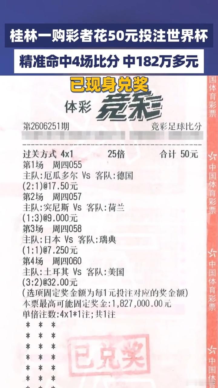花50元投注世界杯中182万多50块轻轻松收益182万！也就投了50块25倍买4