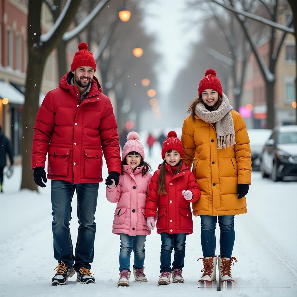冬日温馨场景
雨花飞舞：冬天的雨花飘落，增添了几分诗意
穿着：羽绒服保暖，色彩鲜