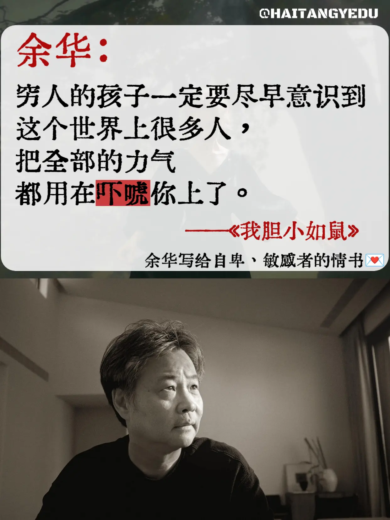 余华老师写给敏感自卑者的情书💌。“我曾是千千万万个敏感自卑孩子中的一...