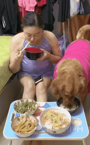 主人把毛孩子当成自己的家人了，吃饭的时候也是人狗平分，体现了人和物之间的地位平等