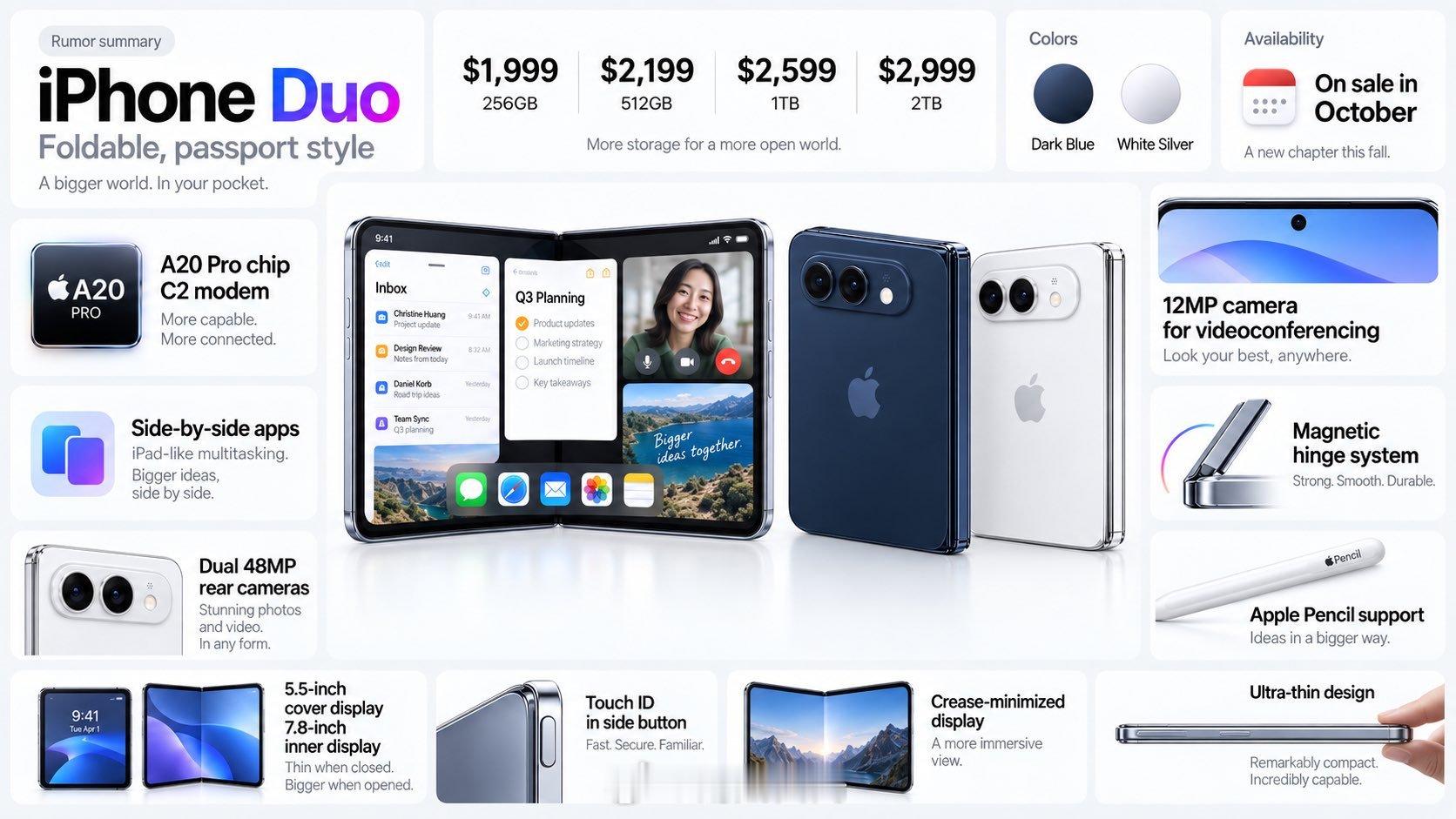 iPhone Duo售价📱5.5英寸外屏丨7.8英寸内屏🛡️ 钛合金边框丨T