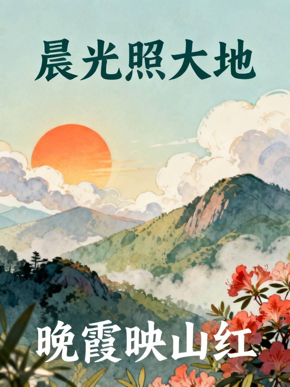 下联：晚霞映山红。