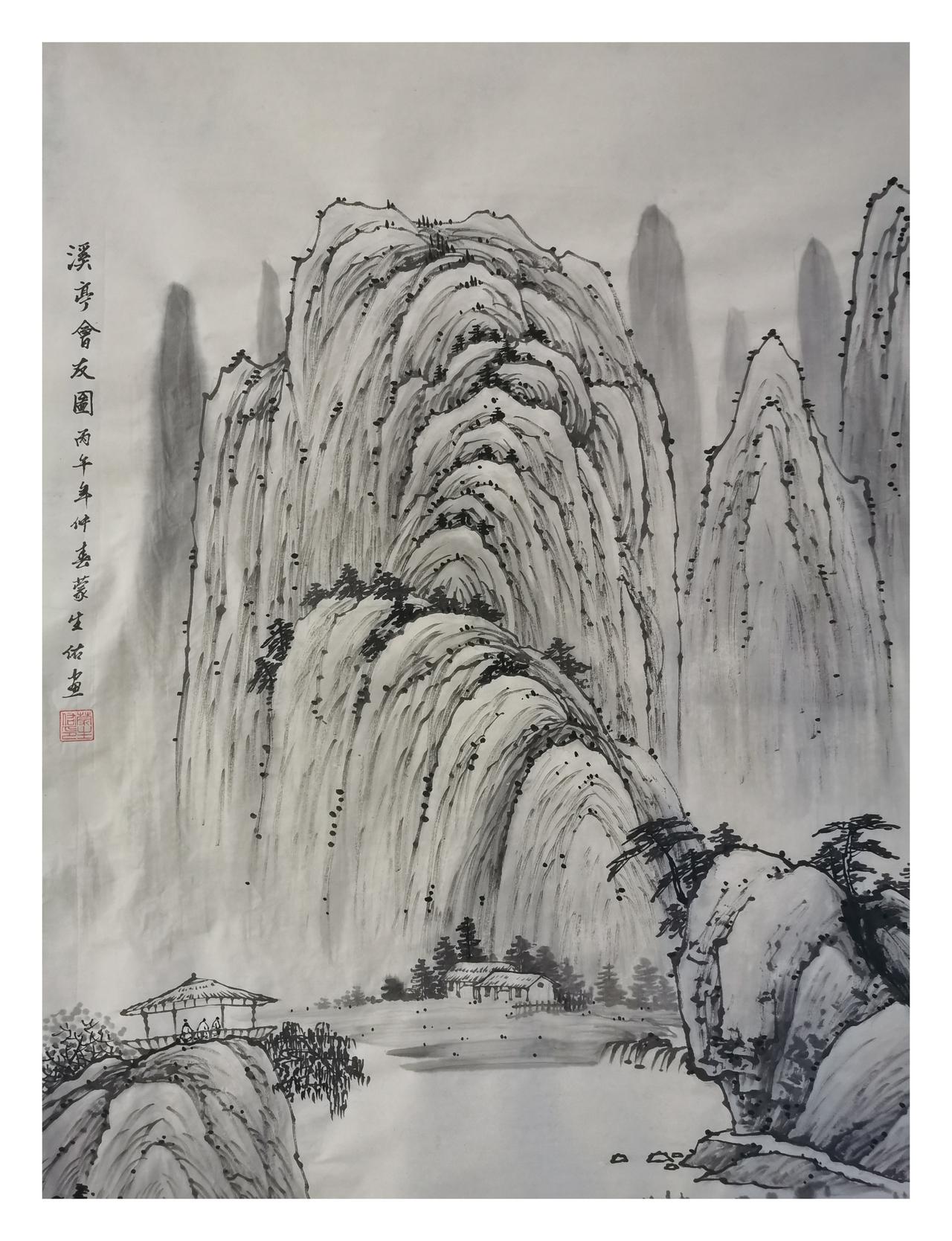 中国山水画原创作品欣赏：传统山水山水画
尺寸：四尺（138x68）
《溪亭会友图