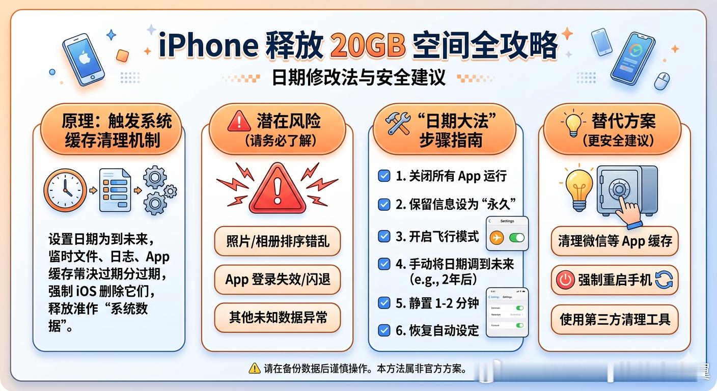 iPhone改日期 空出20G 通过将iPhone的系统日期修改到未来，确实能够