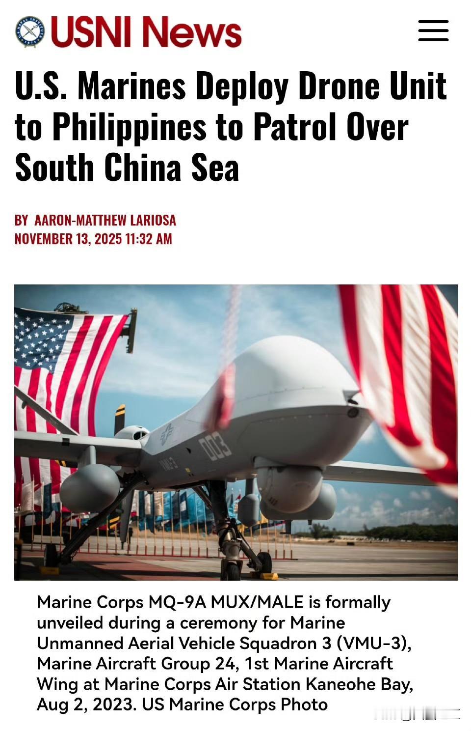 美菲确实是肩并肩。近日美国海军陆战队向菲律宾部署无人机——美国海军陆战队太平洋司
