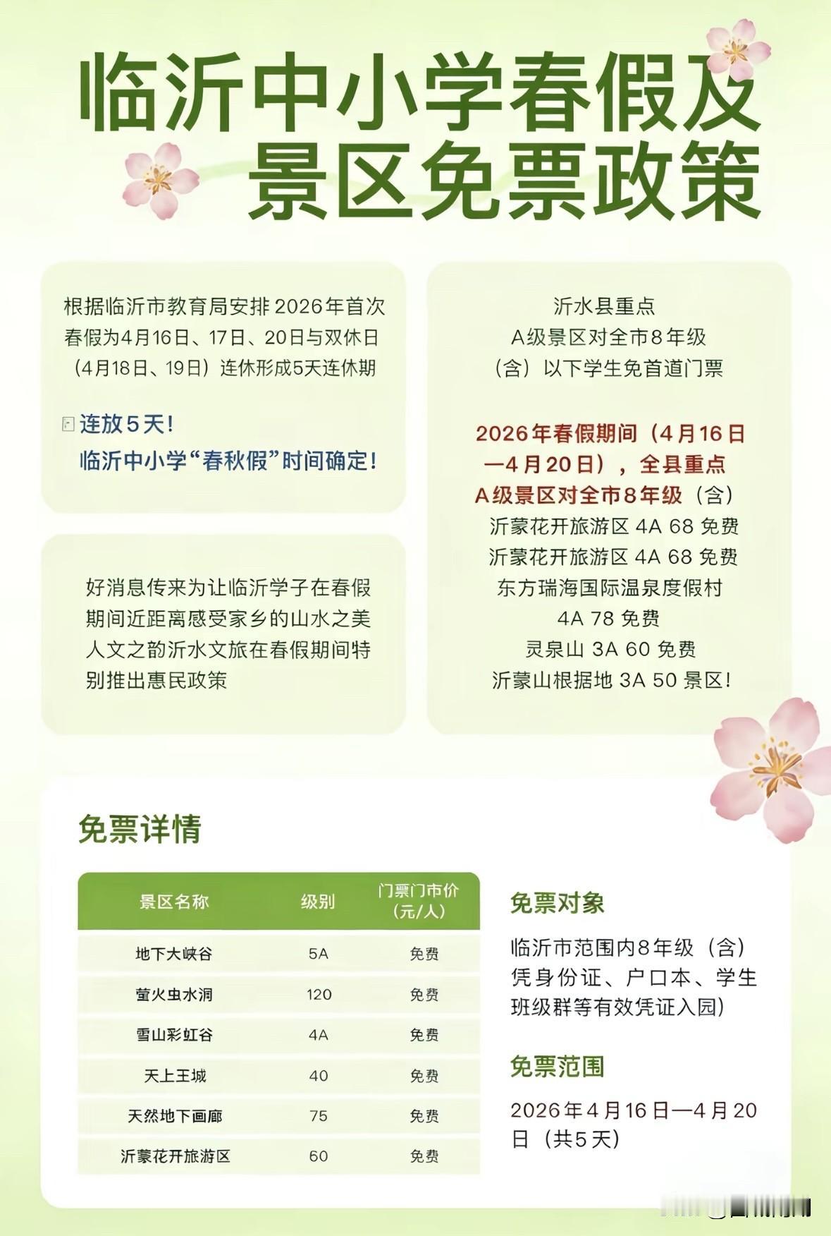 临沂中小学生春假下周开启，作为“沂水现象”旅游先行者的沂水旅游率先启动免票政策，