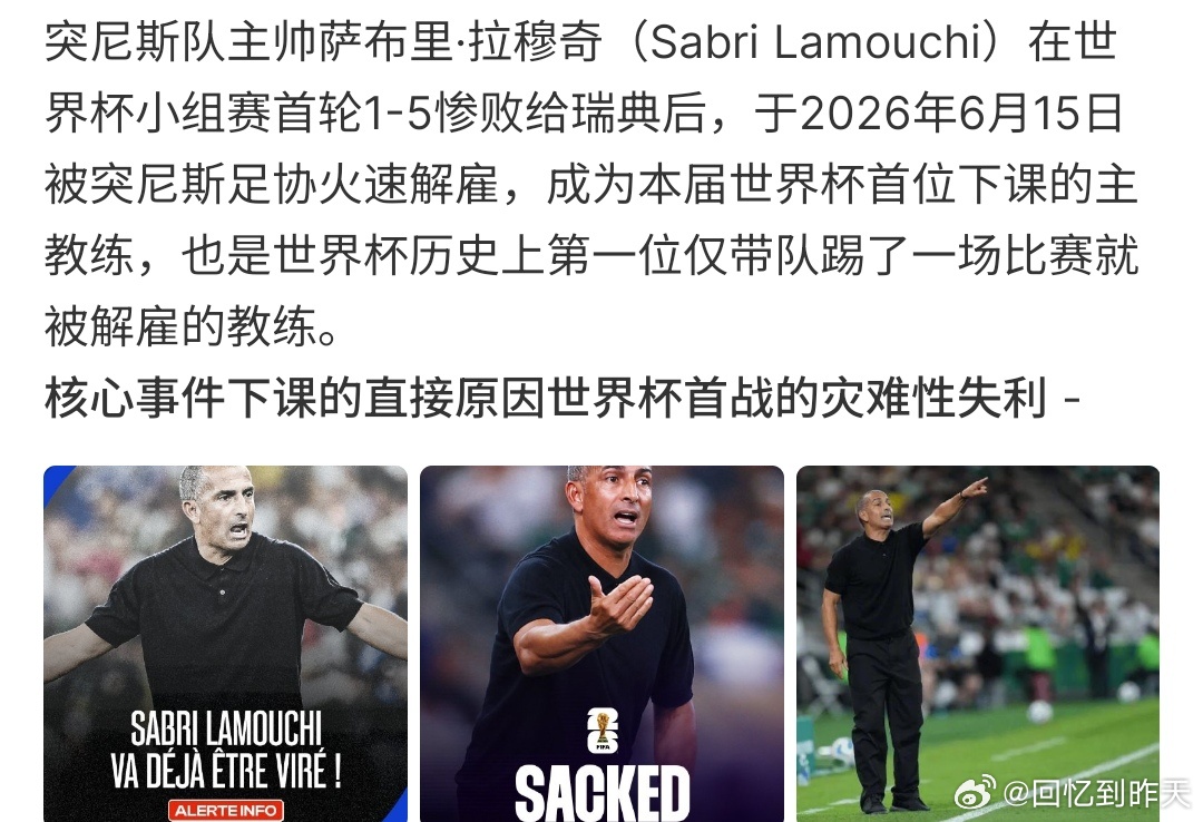 世界杯首位下课主帅在突尼斯VS瑞典的比赛中，突尼斯1:5瑞典，直接被拉大比分差4