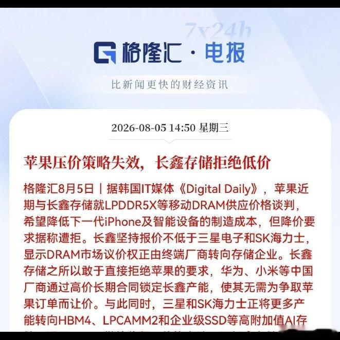 📱苹果想压价长鑫存储，结果反被涨价，这事儿挺有意思。长鑫现在可不是几年前的小厂