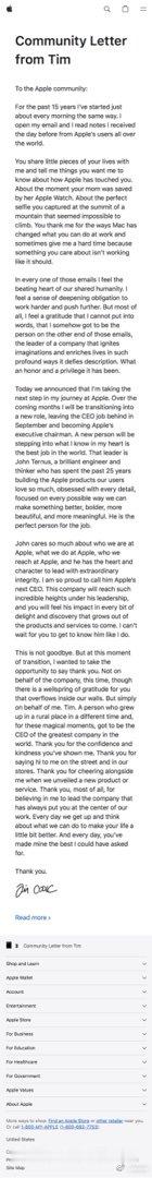 苹果官网还发出了 Tim Cook 本人的一封信以下是中文翻译在过去的15年里，