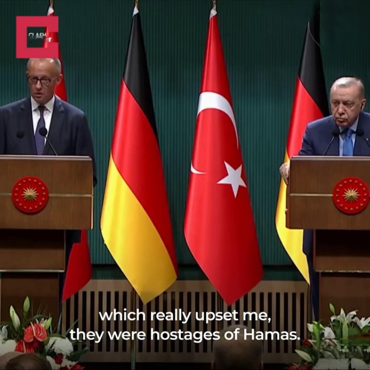 默尔茨在与埃尔多安的联合新闻发布会上表示：“我们将永远与以色列站在一起。当然，这