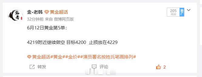 6月12日黄金第5单总结：60点止盈离场  于 4219 附近进场做空，目标看向