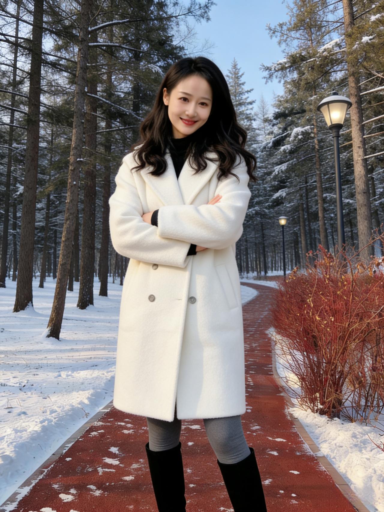 云朵为衣雪作裳，红蹊松影立寒塘。
笑拂千树梢头绿，散作春风一路香。