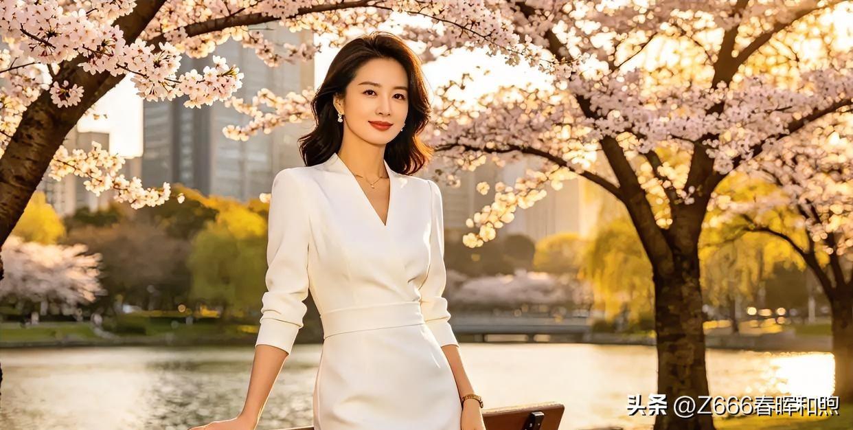 素白裙装立于樱下，湖光为镜，温柔了都市的黄昏时分。