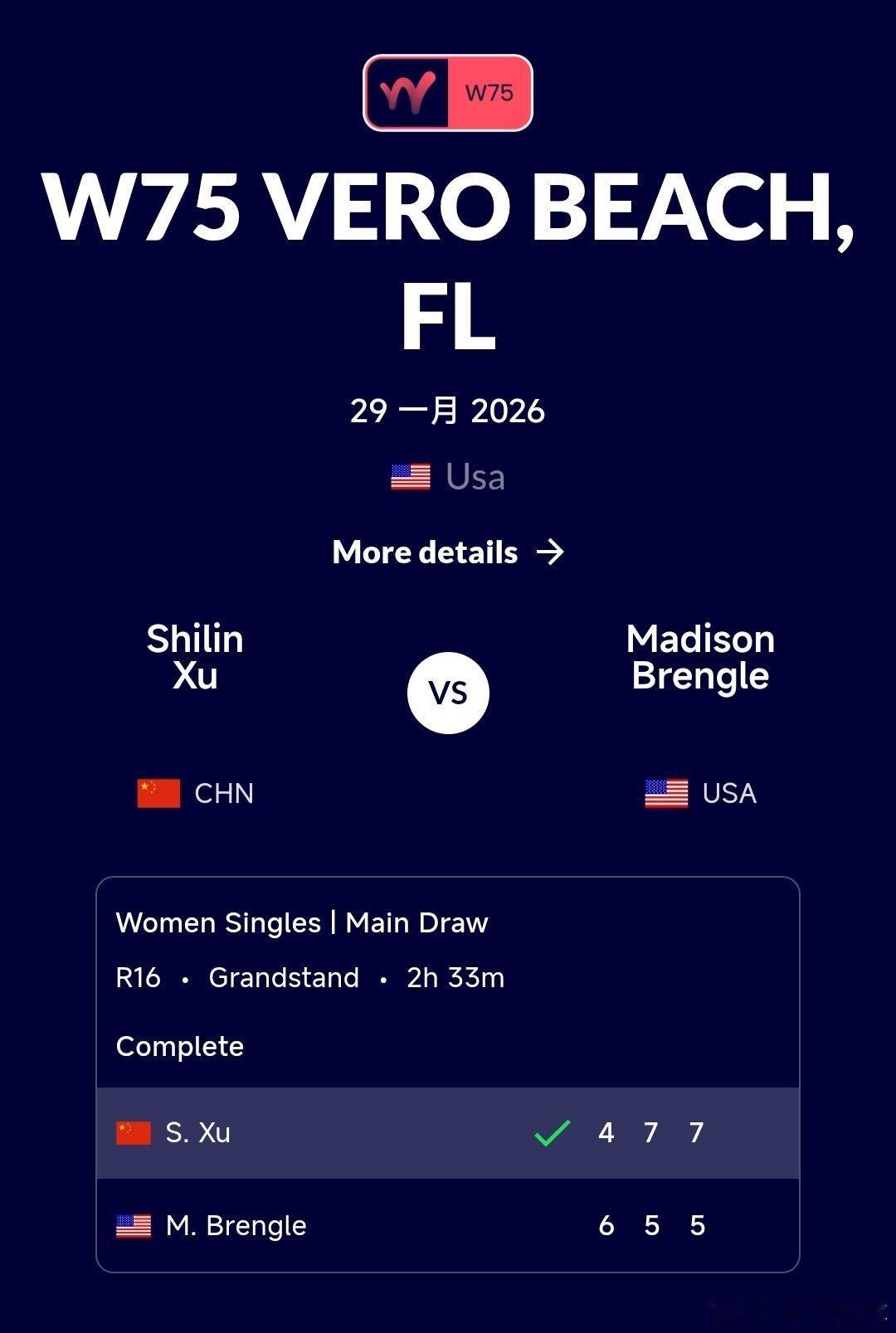 W75维罗海滩站🇺🇸女单第二轮徐诗霖🇨🇳4-6/7-5/7-5战胜布伦格