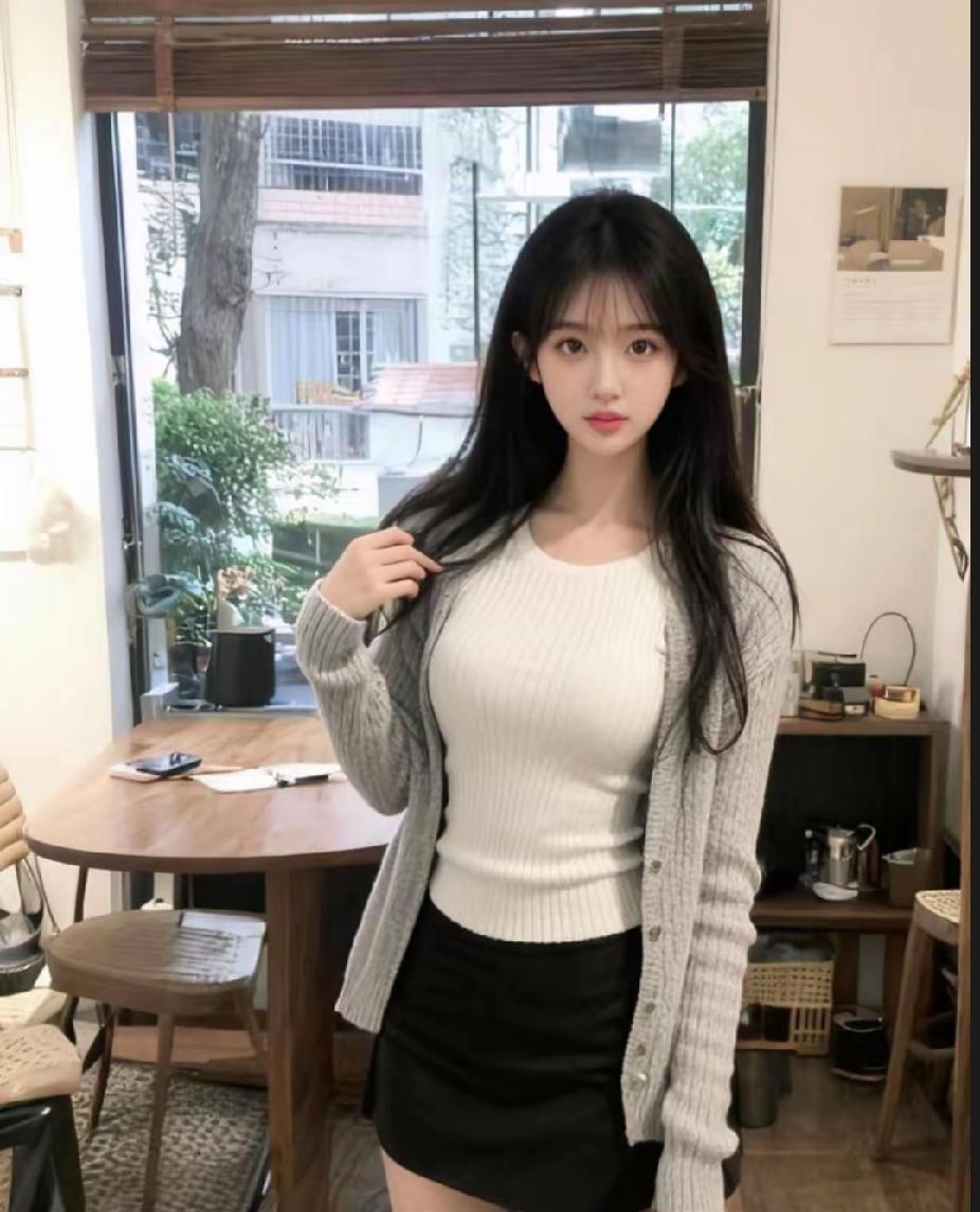 简约风穿搭，白色毛衣+灰色开衫+黑色短裙，清新自然！