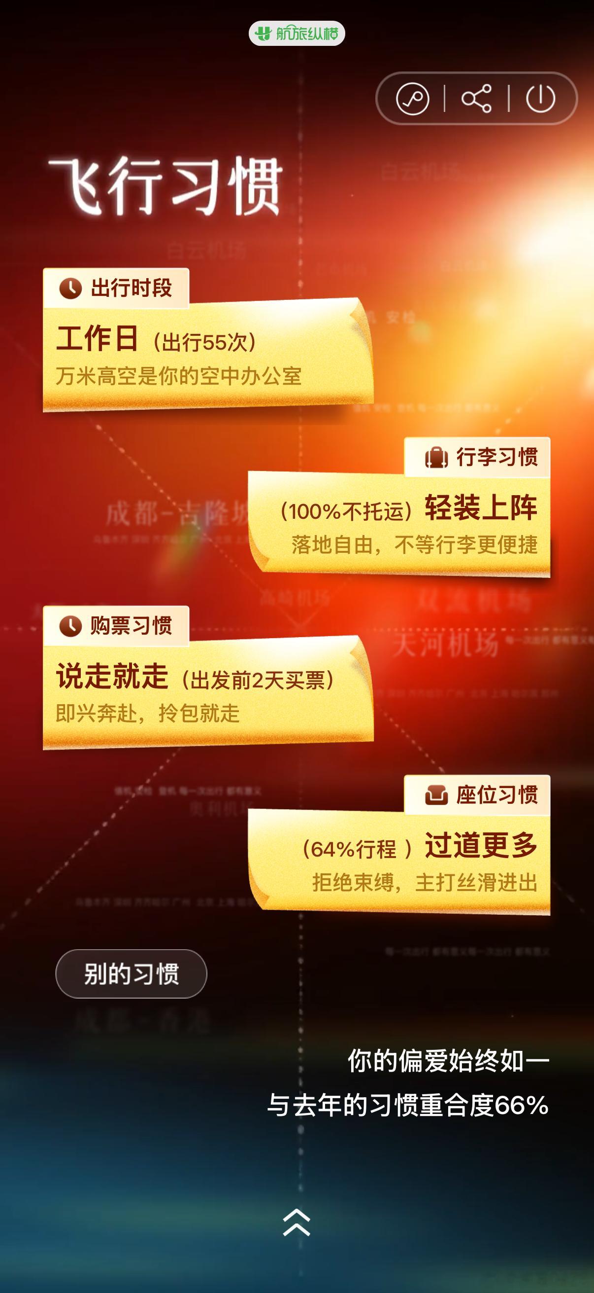 航旅年度飞行报告来了，100%不托运确实符合我的作风，首先出门带的东西就很少，也