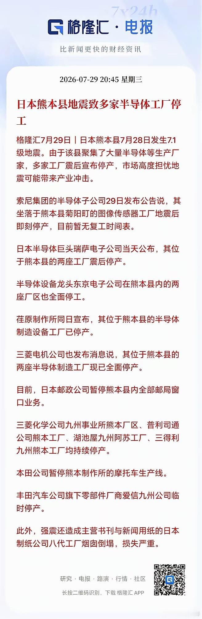 这不是妥妥的利好大A半导体吗？日本熊本县地震已经导致多家半导体工厂停产！这无疑给