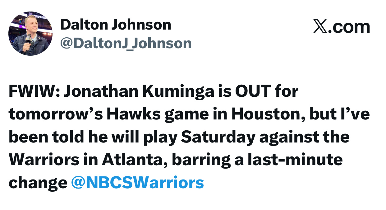 勇士记者dalt Johnson：顺便说一句：乔纳森库明加将缺席明天老鹰客场对阵