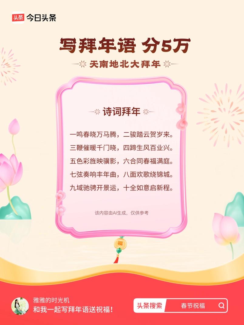 写拜年语送祝福新春拜年送祝福！我的祝福是：“一鸣春晓万马腾，二骏踏云贺岁来。三鞭