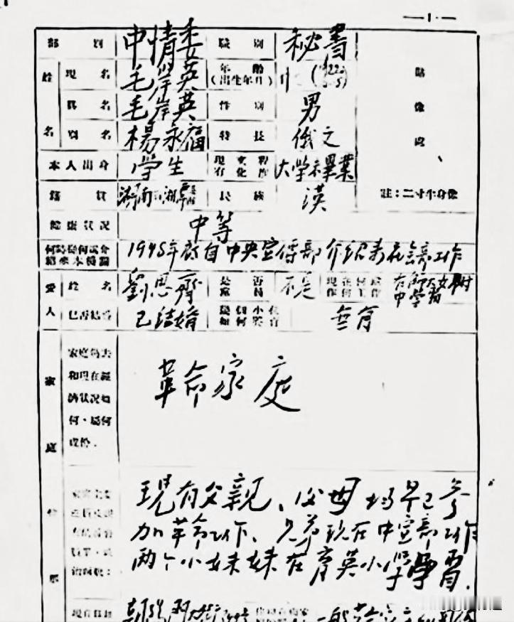 这是毛岸英入朝参战前填写的个人信息表。
那时，他和刘思齐刚刚结婚，还不到一年。在