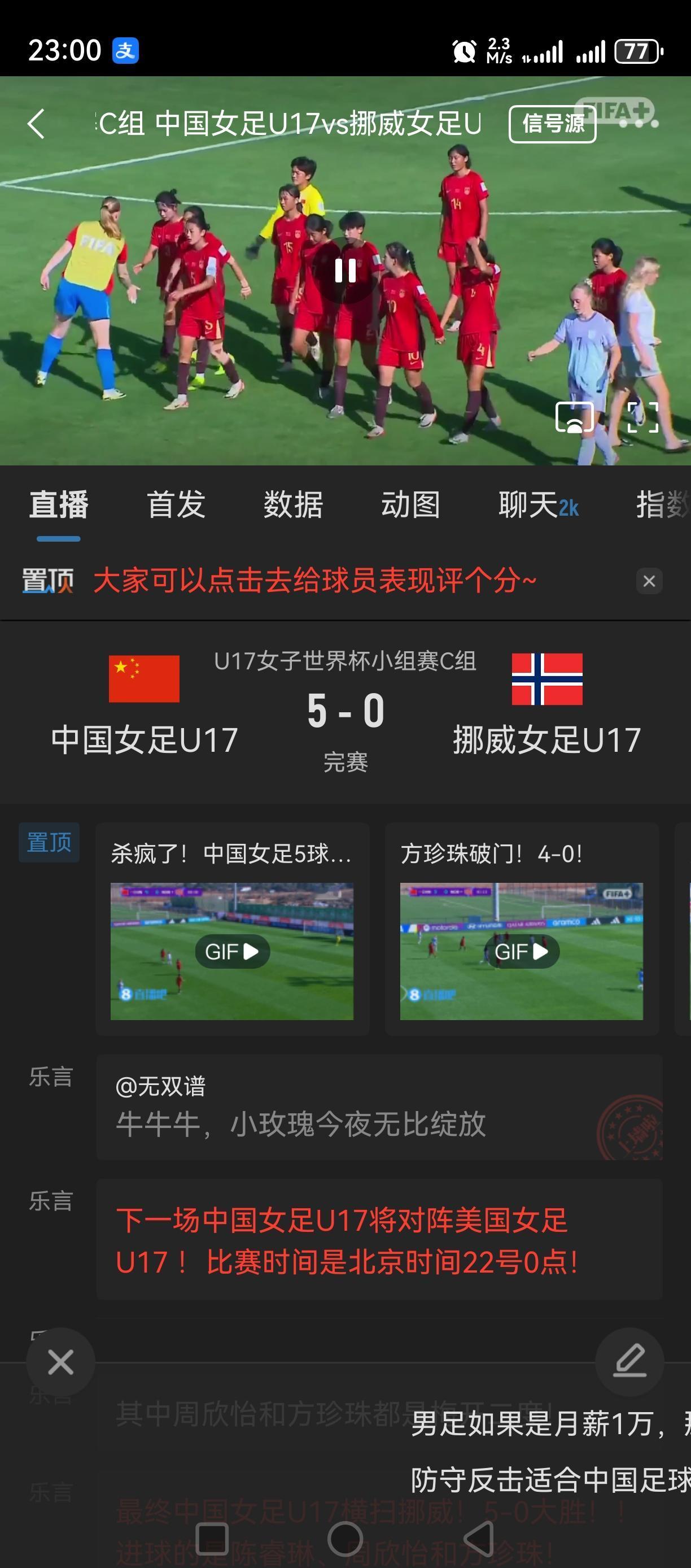 5：0！U17中国女足世界杯小组赛，狂胜挪威队！[赞][赞][赞][赞]
开门红