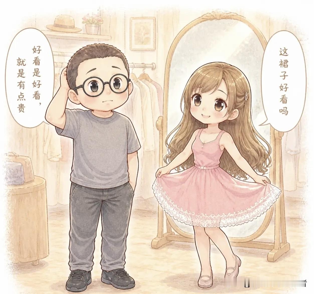 幽默漫画分享：老婆逛街看中一条裙子，两千八。她试了试，转了个圈问我：“好看吗？”