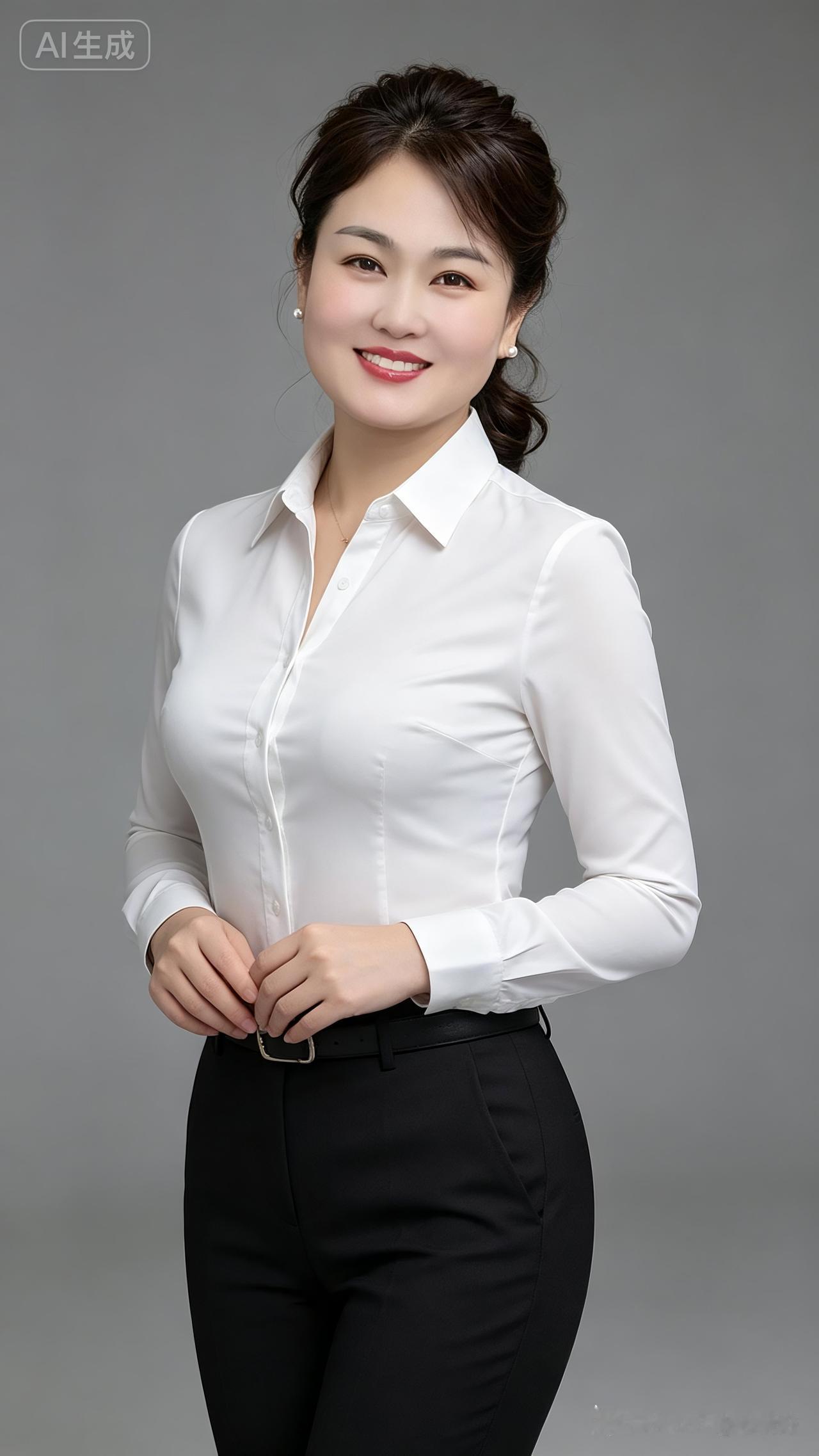 职场优雅风，白衬衫黑裤，自信微笑，AI生成美图！