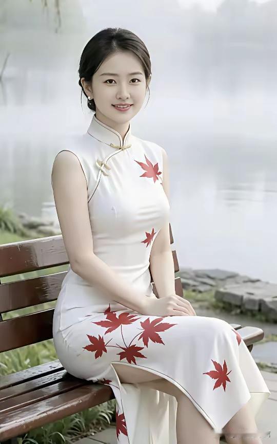 优雅坐于湖畔，白裙红叶映秋光。