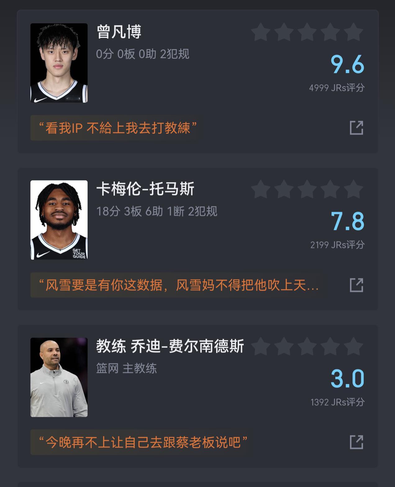 小托马斯的评分高了点吧，根本不传球，讲道理，他应该跟主教练同分[二哈][二哈]n