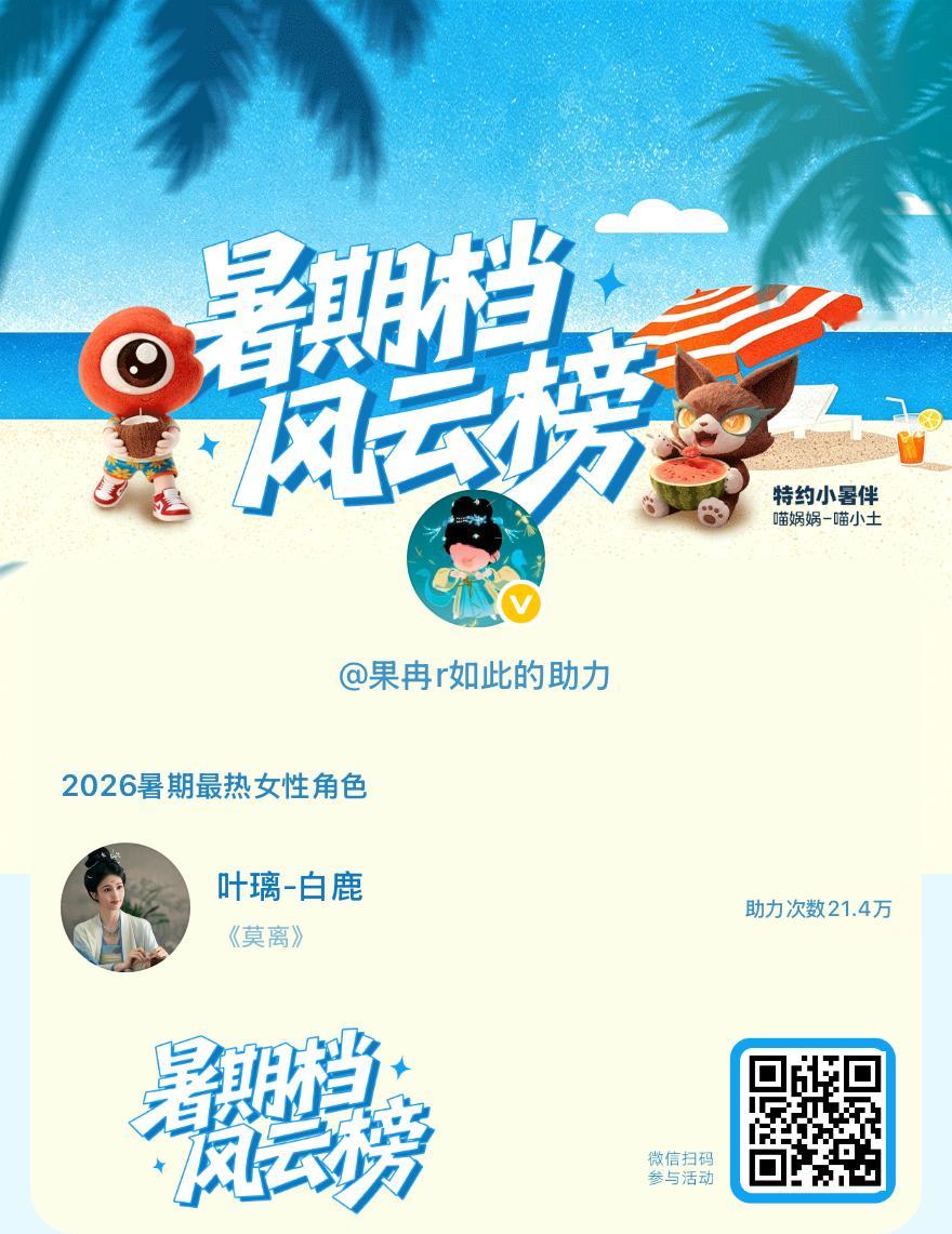 【暑期档风云榜】活动进行中，快来助力她成为今夏最热！2026暑期最热女性角色 暑