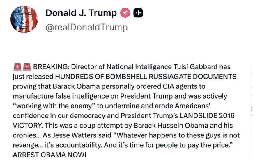 突发：特朗普在Truth Social上发表了一系列疯狂言论，呼吁逮捕奥巴马，并
